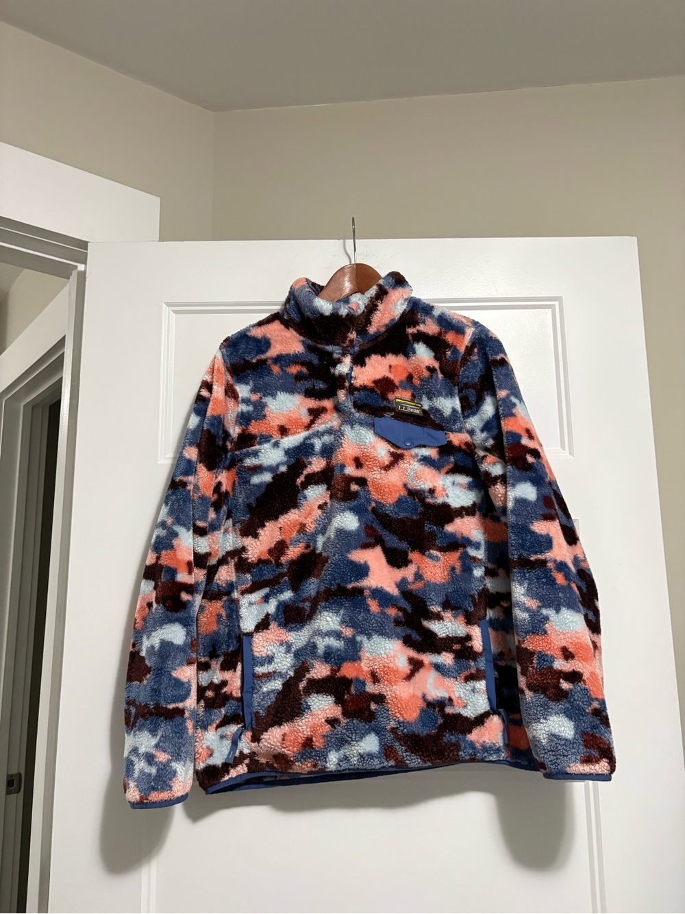 LL Bean High Pile Fleece Pullover Jacket Pink Blue Camo Women's Large